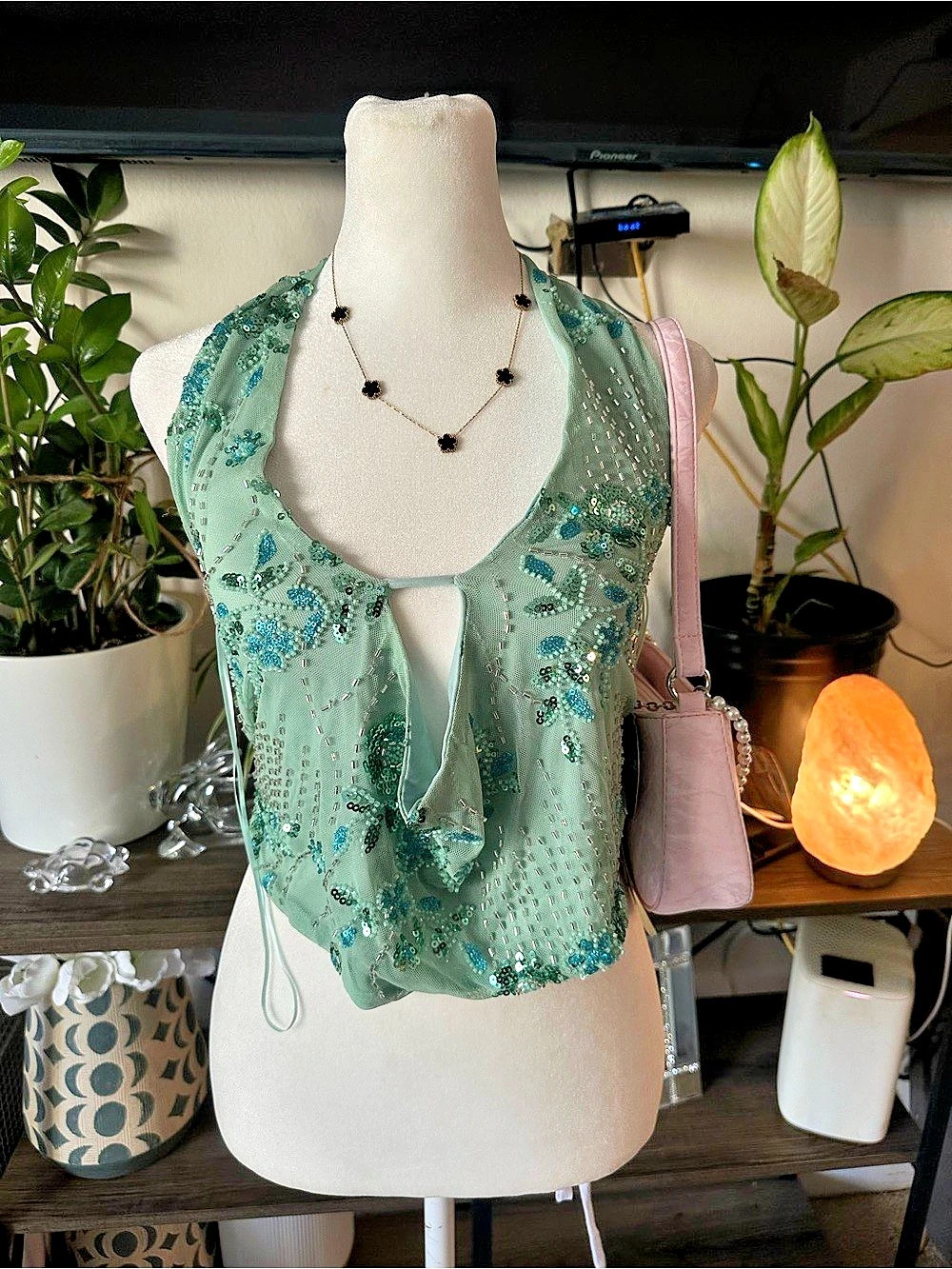 ✨ Studio 12 Mint Green Beaded Mesh Halter Top ✨